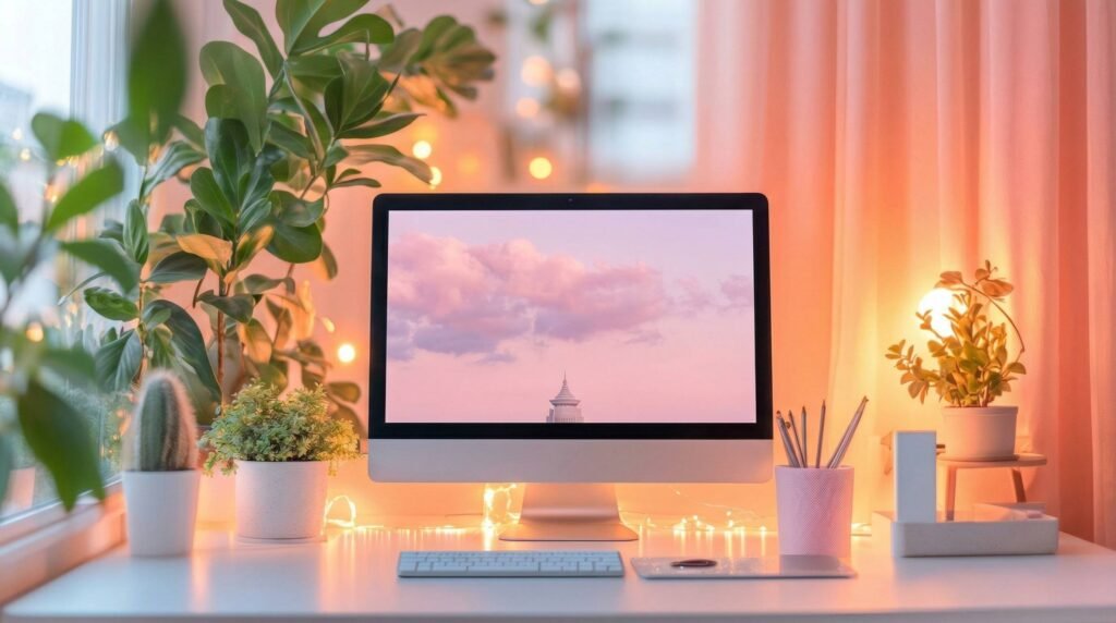 Warm and inviting ergonomic desk setup with ambient lighting, plants, and comfortable workspace design for long work sessions