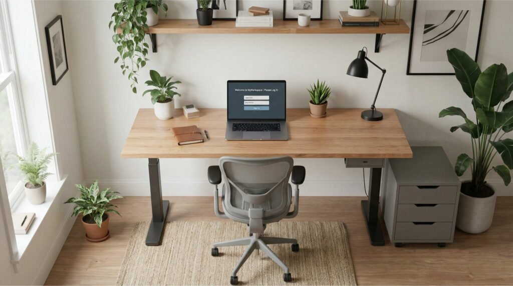 Cozy ergonomic desk setup with natural light, modern chair, wooden desk, and potted plants creating a healthy home office environment