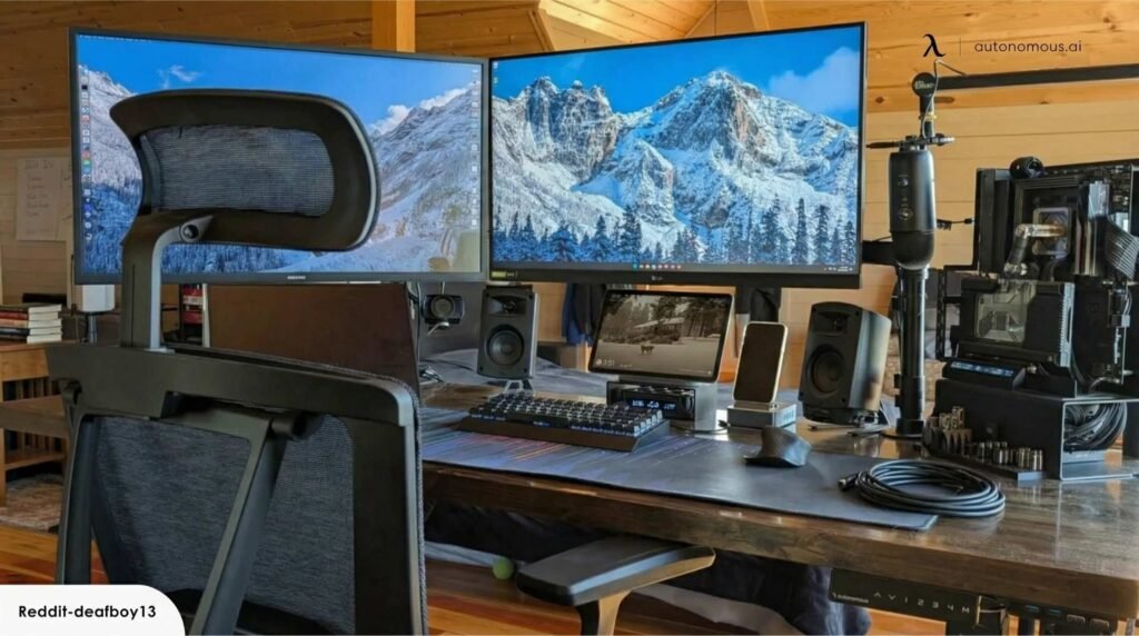 Professional ergonomic desk setup featuring dual monitors on adjustable arms for optimal screen positioning and neck health