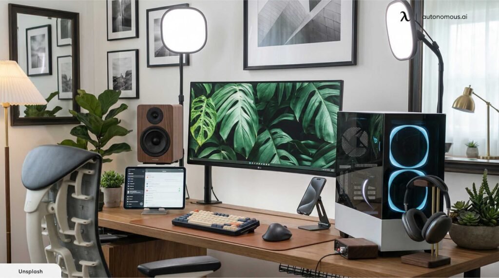 Clean dual monitor computer setup on wooden desk with ergonomic accessories