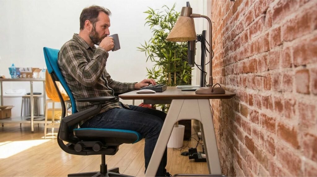 Proper ergonomic chair positioned at a home office desk with monitor at correct height