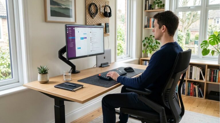 Ergonomic desk setup for remote workers with proper monitor height and lumbar support chair