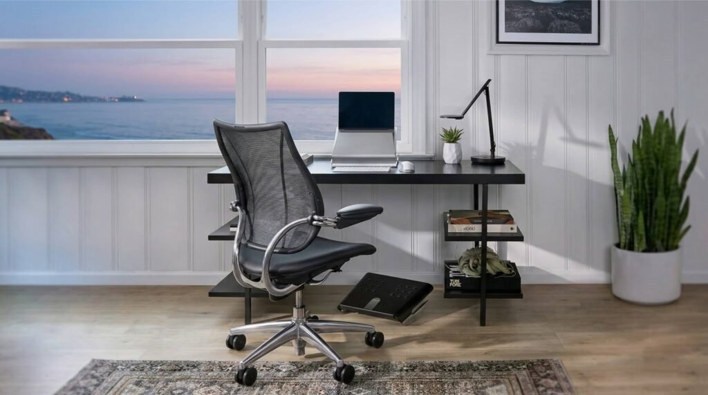 Complete ergonomic home office workspace with proper lighting, chair, and monitor positioning