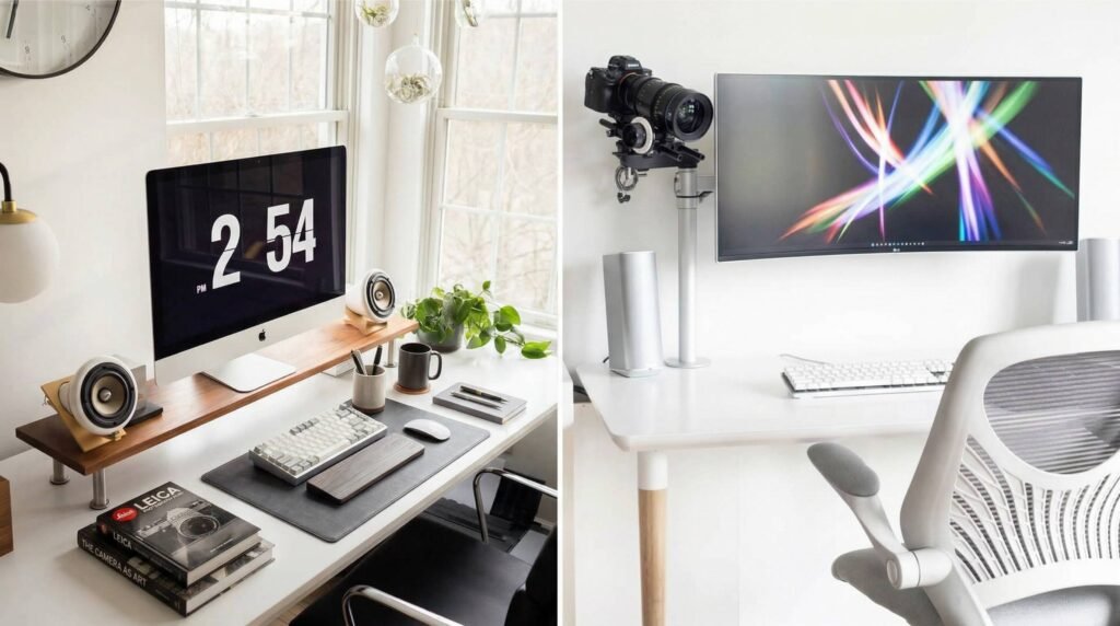 Minimalist ergonomic desk setup with wood tones, simple organization, and calming design elements for focused remote work