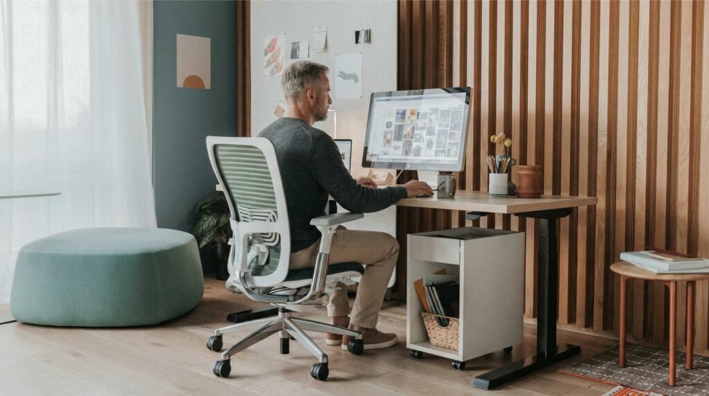 Modern ergonomic desk setup with ergonomic chair, floating shelves, and abundant natural light for comfortable home office productivity
