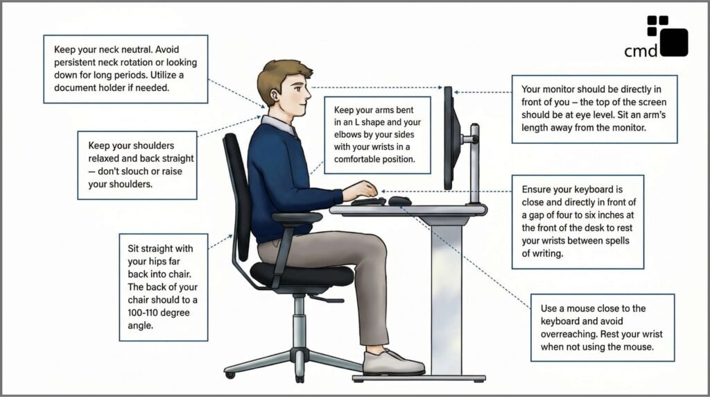 Ergonomic desk setup posture guide showing correct sitting position with feet flat, arms at 90 degrees, and monitor at proper eye level