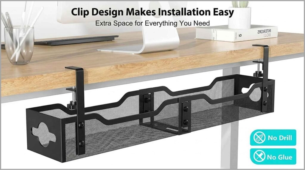 Metal cable management tray mounted under desk organizing cords and power strips